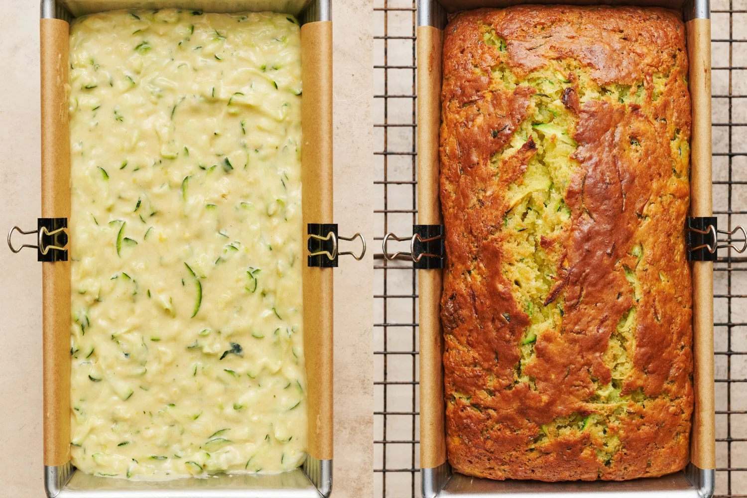 Twee afbeeldingen naast elkaar die een cake tonen voor en na het bakken, met een luchtige textuur en goudbruine korst na het bakken.twee afbeeldingen naast elkaar die de cake laten zien voor en na het bakken.