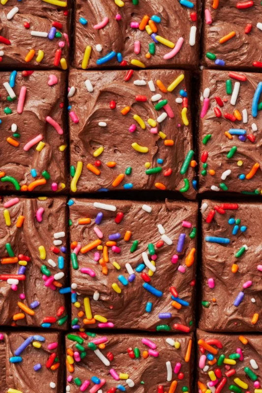 de hele pan van koekrepen met chocoladeglazuur en regenboog sprinkles gelijkmatig gesneden, klaar om te serveren. Koekrepen met chocoladeglazuur en regenboog sprinkles, gelijkmatig gesneden in een pan en klaar om te serveren.