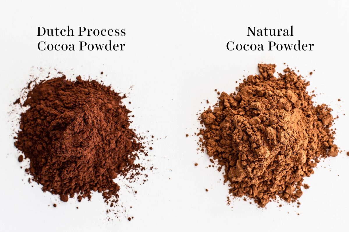 Vergelijking van Nederlands proces cacao en natuurlijk cacaopoeder, met verschillen in kleur, textuur en gebruik in bakrecepten.