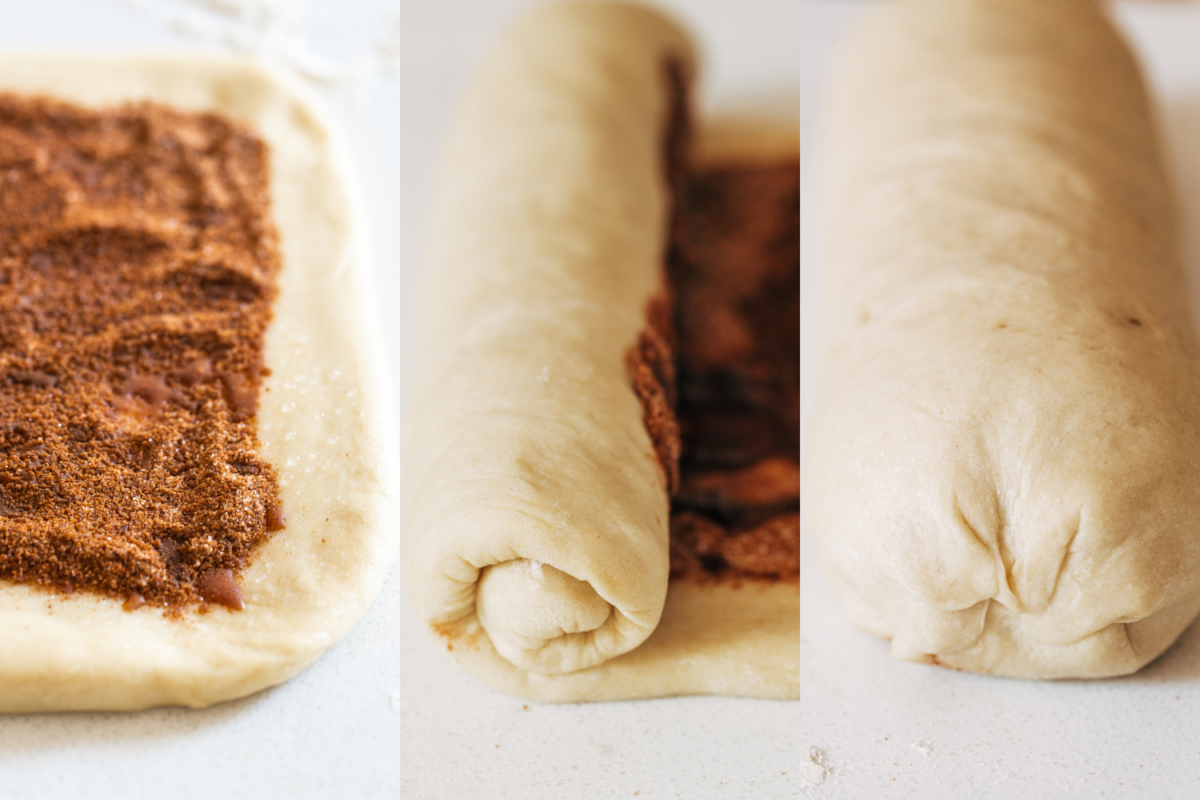 Drie stap-voor-stap afbeeldingen die het rolproces van dit heerlijke cinnamon swirl brood tonen.